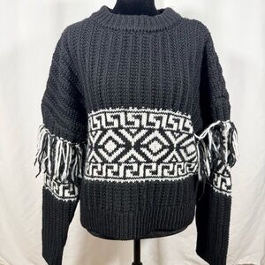 H&M Black and White Fringed Geometric Crewneck Sweater